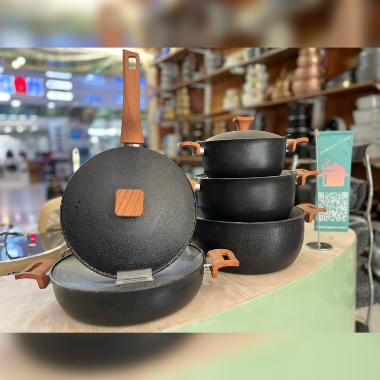 سرویس قابلمه ۱۰ پارچه هاناتک مدل طرح چرم رنگ مشکی